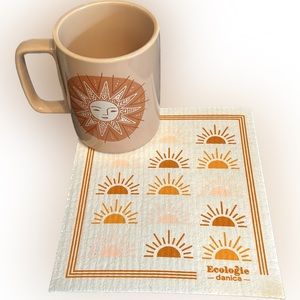 “Solstice” gift bundle: ceramic mug w/stylized sun design &Swedish dishcloth-NWT